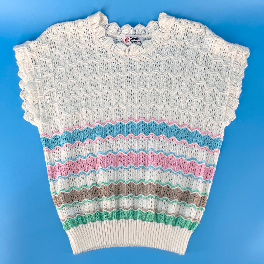 Vintage 80s Preppy Pastel Striped Sweater Pointelle Scalloped 1980s Soft Girl